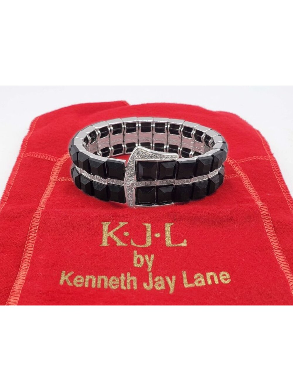 Vintage 1980s Kenneth Jay Lane Black Bead & Rhinestone Buckle Bracelet